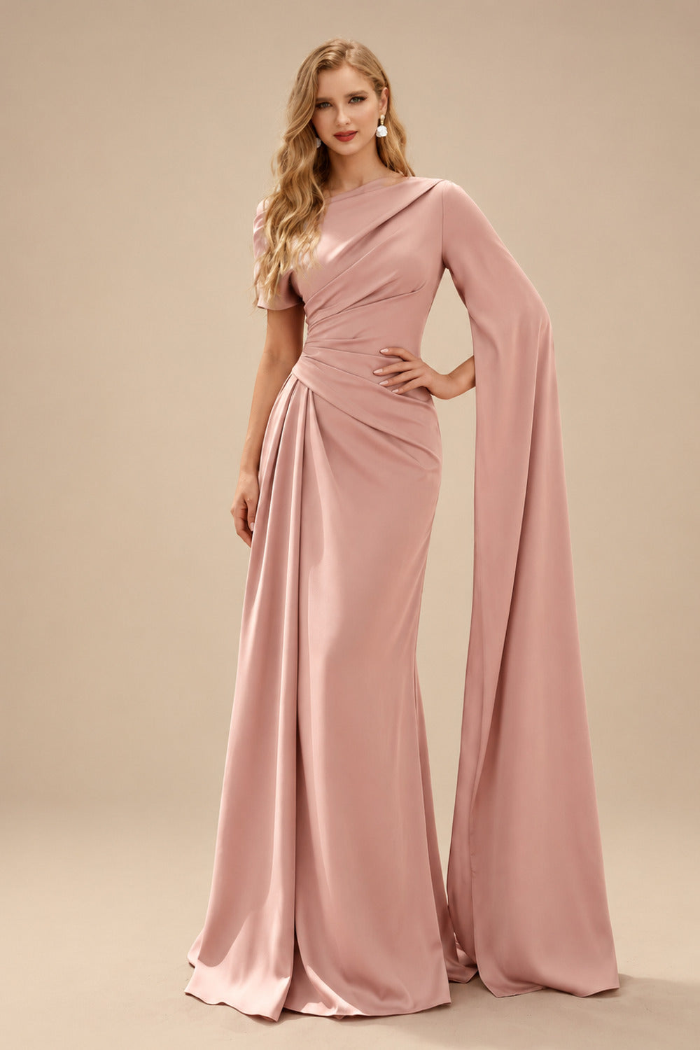 Rutipo Dusty Rose Sheath/Column Asymmetrical Short Sleeves Crepe Satin Evening Dresses