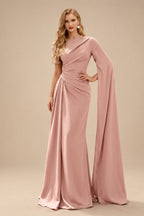 Rutipo Dusty Rose Sheath/Column Asymmetrical Short Sleeves Crepe Satin Evening Dresses