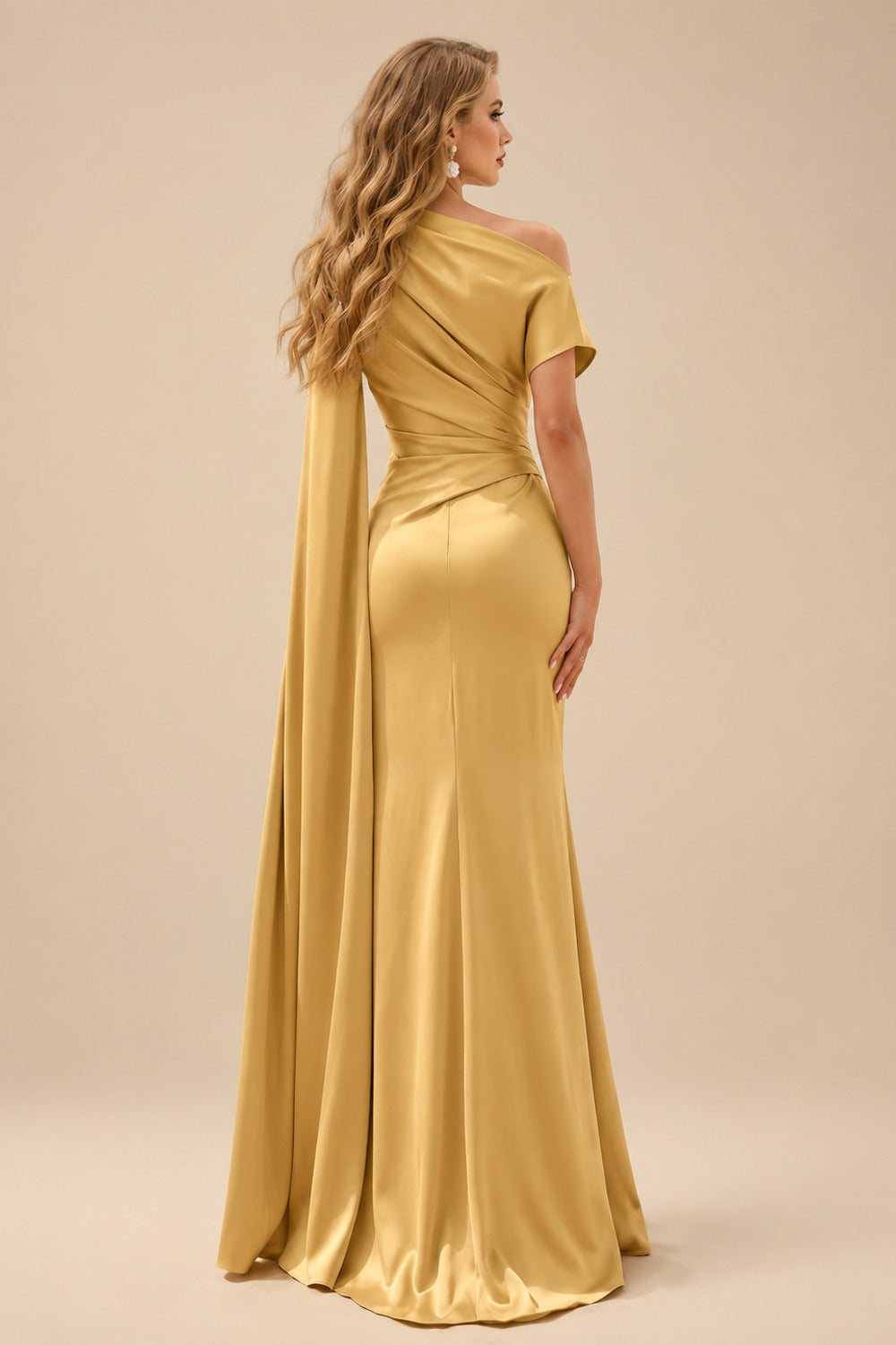 Rutipo Gold Sheath/Column Asymmetrical Short Sleeves Crepe Satin Evening Dresses