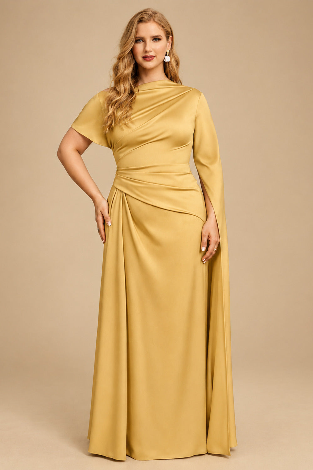 Rutipo Gold Sheath/Column Asymmetrical Short Sleeves Crepe Satin Evening Dresses