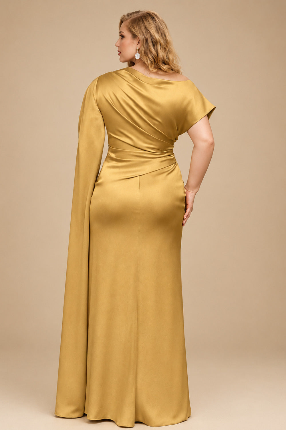 Rutipo Gold Sheath/Column Asymmetrical Short Sleeves Crepe Satin Evening Dresses