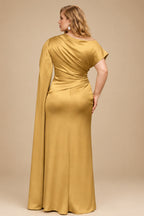Rutipo Gold Sheath/Column Asymmetrical Short Sleeves Crepe Satin Evening Dresses