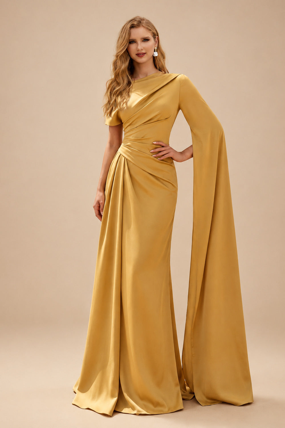 Rutipo Gold Sheath/Column Asymmetrical Short Sleeves Crepe Satin Evening Dresses