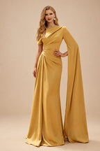Rutipo Gold Sheath/Column Asymmetrical Short Sleeves Crepe Satin Evening Dresses