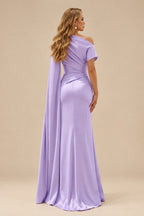Rutipo Lilac Sheath/Column Asymmetrical Short Sleeves Crepe Satin Evening Dresses