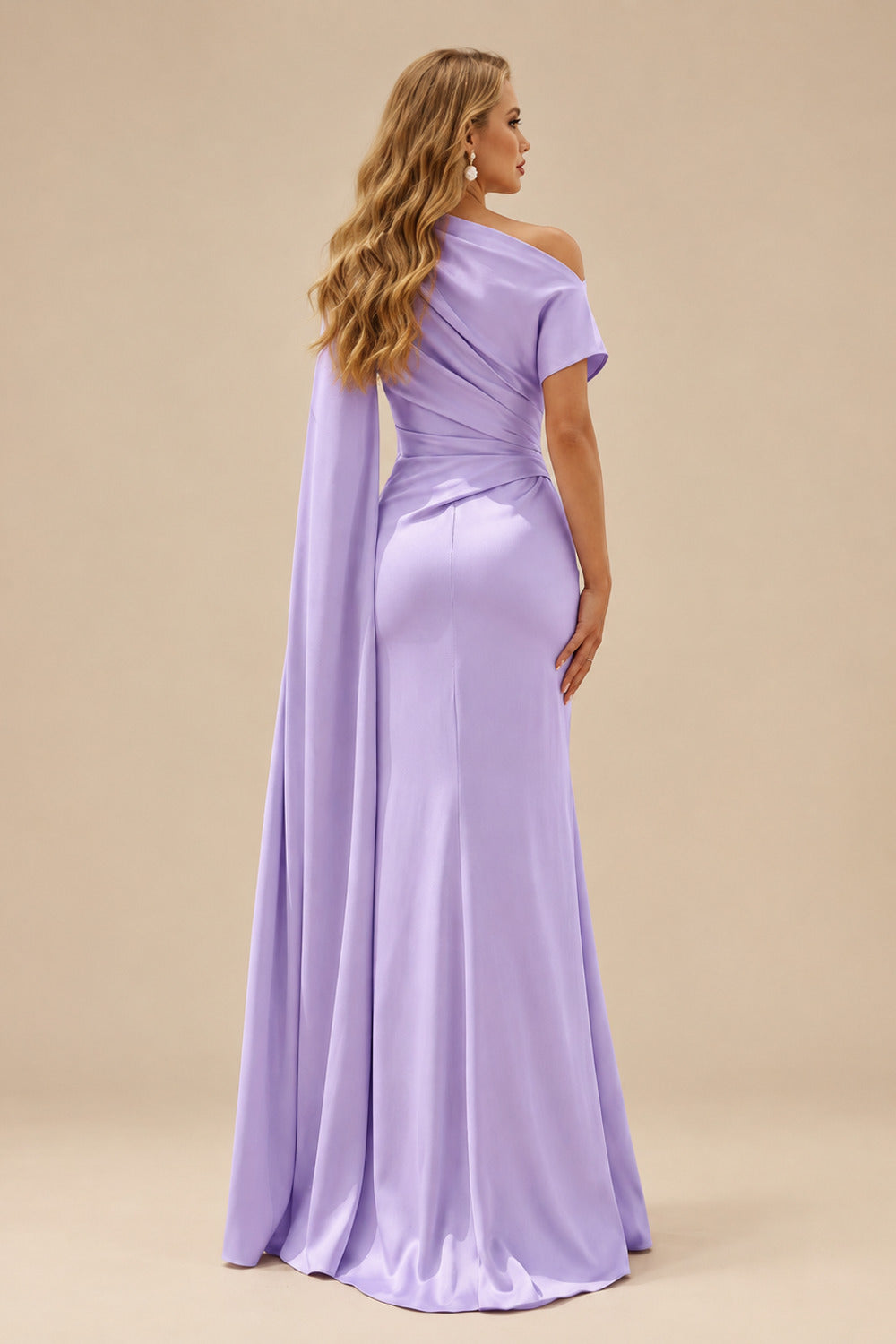 Rutipo Lilac Sheath/Column Asymmetrical Short Sleeves Crepe Satin Evening Dresses