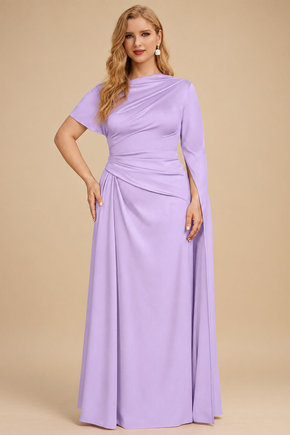 Rutipo Lilac Sheath/Column Asymmetrical Short Sleeves Crepe Satin Evening Dresses