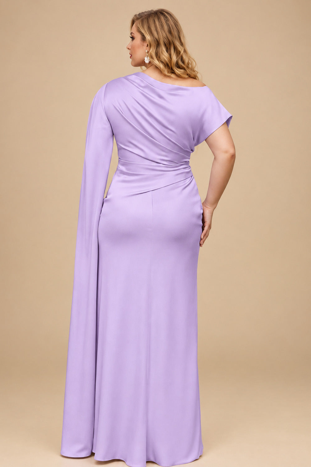 Rutipo Lilac Sheath/Column Asymmetrical Short Sleeves Crepe Satin Evening Dresses