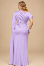 Rutipo Lilac Sheath/Column Asymmetrical Short Sleeves Crepe Satin Evening Dresses