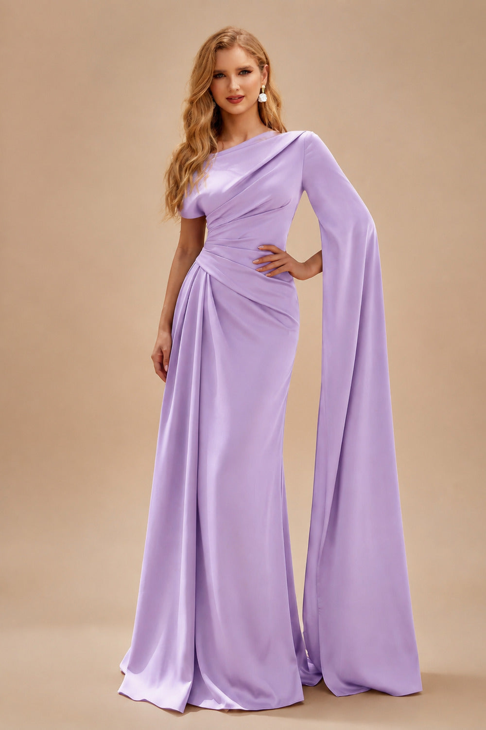 Rutipo Lilac Sheath/Column Asymmetrical Short Sleeves Crepe Satin Evening Dresses
