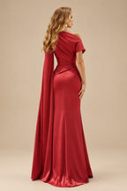 Rutipo Red Sheath/Column Asymmetrical Short Sleeves Crepe Satin Evening Dresses