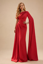 Rutipo Red Sheath/Column Asymmetrical Short Sleeves Crepe Satin Evening Dresses