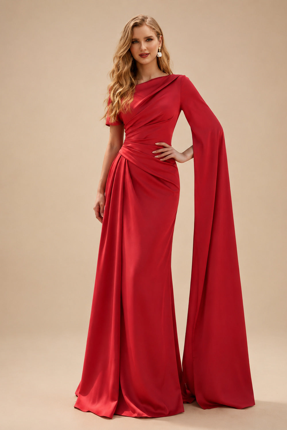 Rutipo Red Sheath/Column Asymmetrical Short Sleeves Crepe Satin Evening Dresses