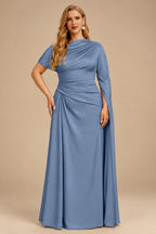 Rutipo Slate Blue Sheath/Column Asymmetrical Short Sleeves Crepe Satin Evening Dresses