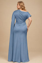 Rutipo Slate Blue Sheath/Column Asymmetrical Short Sleeves Crepe Satin Evening Dresses