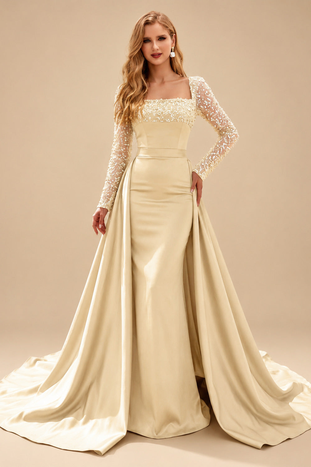 Rutipo Champagne Sheath/Column Square Neckline Long Sleeves Detachable Crepe Satin Evening Dresses With Sequins