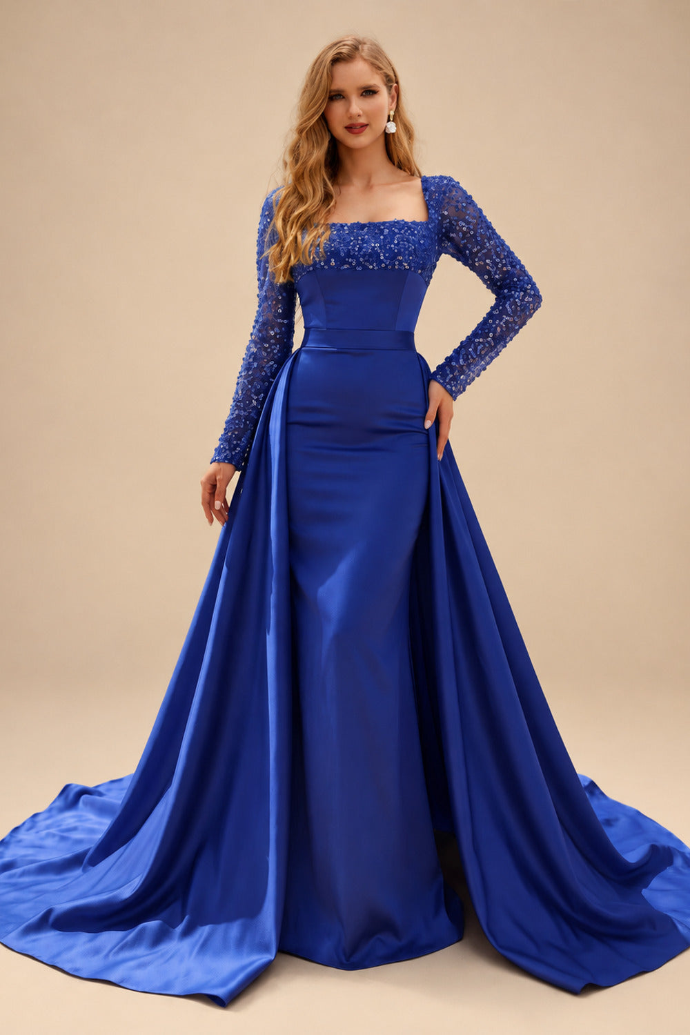 Rutipo Royal Blue Sheath/Column Square Neckline Long Sleeves Detachable Crepe Satin Evening Dresses With Sequins