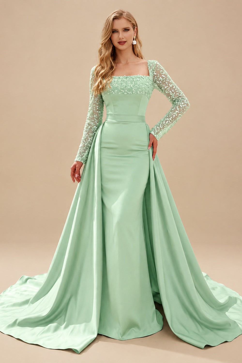 Rutipo Sage Green Sheath/Column Square Neckline Long Sleeves Detachable Crepe Satin Evening Dresses With Sequins