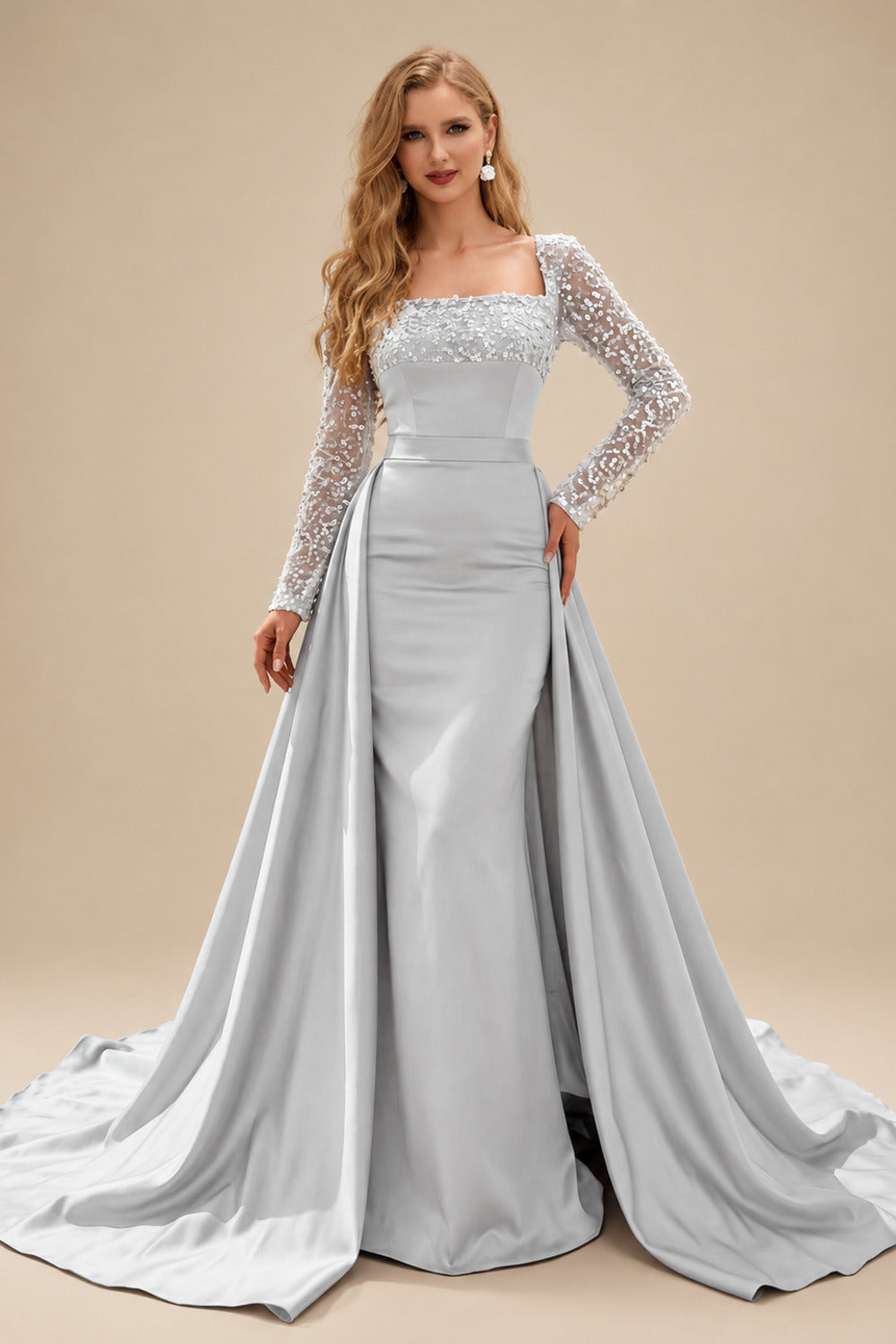 Rutipo Silver Sheath/Column Square Neckline Long Sleeves Detachable Crepe Satin Evening Dresses With Sequins
