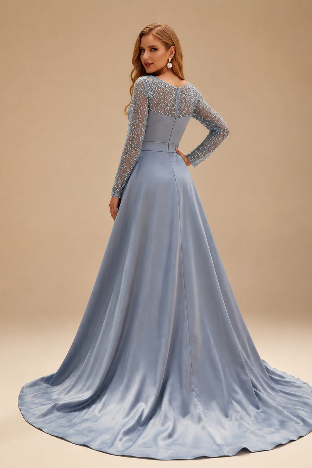 Rutipo Slate Blue Sheath/Column Square Neckline Long Sleeves Detachable Crepe Satin Evening Dresses With Sequins