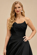 Rutipo Black A-Line Cowl Neck Sleeveless Court Train Satin Evening Dresses With Pleated/High Split