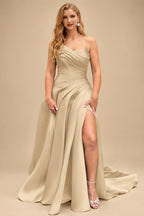 Rutipo Champagne A-Line Cowl Neck Sleeveless Court Train Satin Evening Dresses With Pleated/High Split