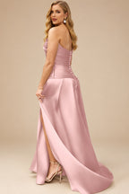 Rutipo Dusty Rose A-Line Cowl Neck Sleeveless Court Train Satin Evening Dresses With Pleated/High Split