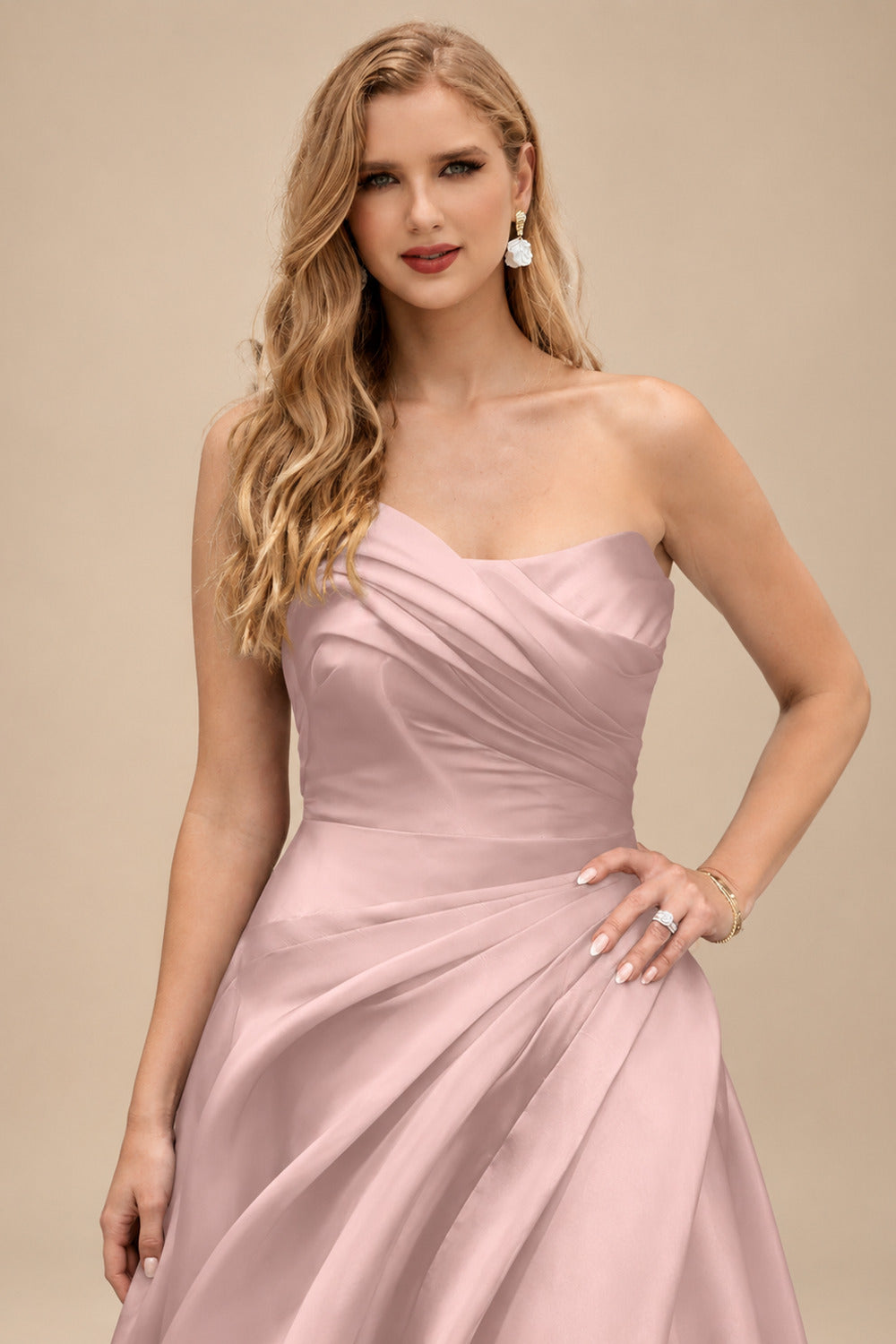 Rutipo Dusty Rose A-Line Cowl Neck Sleeveless Court Train Satin Evening Dresses With Pleated/High Split