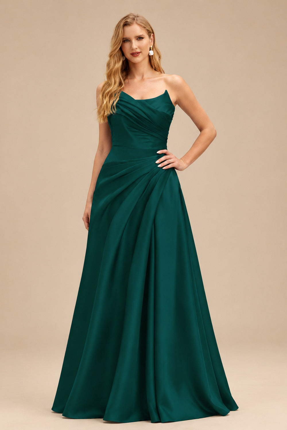 Rutipo Emerald A-Line Cowl Neck Sleeveless Court Train Satin Evening Dresses With Pleated/High Split