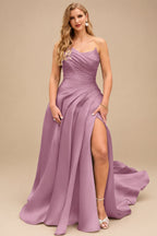Rutipo Mauve A-Line Cowl Neck Sleeveless Court Train Satin Evening Dresses With Pleated/High Split