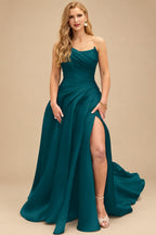 Rutipo Peacock A-Line Cowl Neck Sleeveless Court Train Satin Evening Dresses With Pleated/High Split