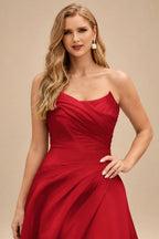 Rutipo Red A-Line Cowl Neck Sleeveless Court Train Satin Evening Dresses With Pleated/High Split