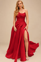 Rutipo Red A-Line Cowl Neck Sleeveless Court Train Satin Evening Dresses With Pleated/High Split