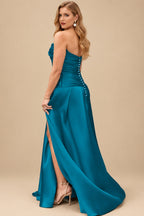 Rutipo Teal A-Line Cowl Neck Sleeveless Court Train Satin Evening Dresses With Pleated/High Split