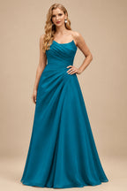 Rutipo Teal A-Line Cowl Neck Sleeveless Court Train Satin Evening Dresses With Pleated/High Split