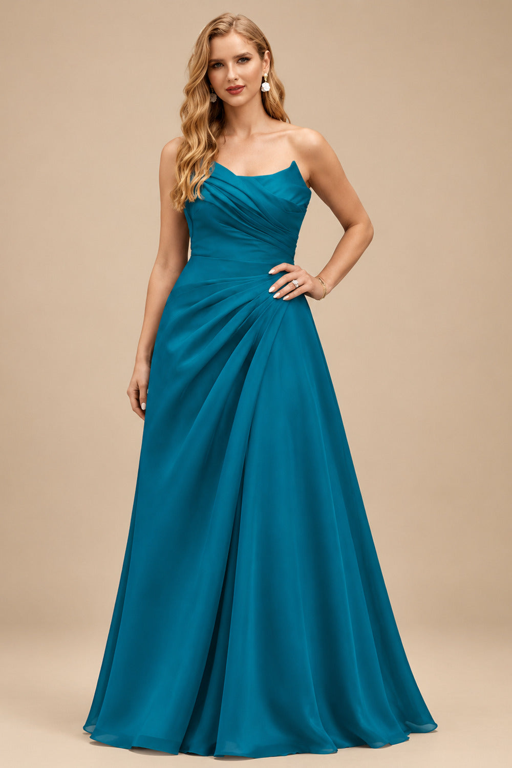 Rutipo Teal A-Line Cowl Neck Sleeveless Court Train Satin Evening Dresses With Pleated/High Split