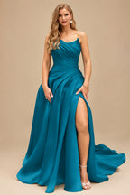 Rutipo Teal A-Line Cowl Neck Sleeveless Court Train Satin Evening Dresses With Pleated/High Split