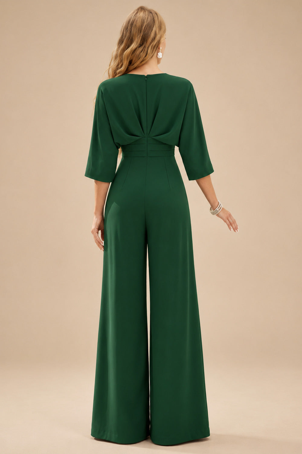 Rutipo Hunter Green Jumpsuit/Pantsuit V-Neck 1/2 Sleeves Elastic Satin Floor-Length Mother Of The Bride Dress