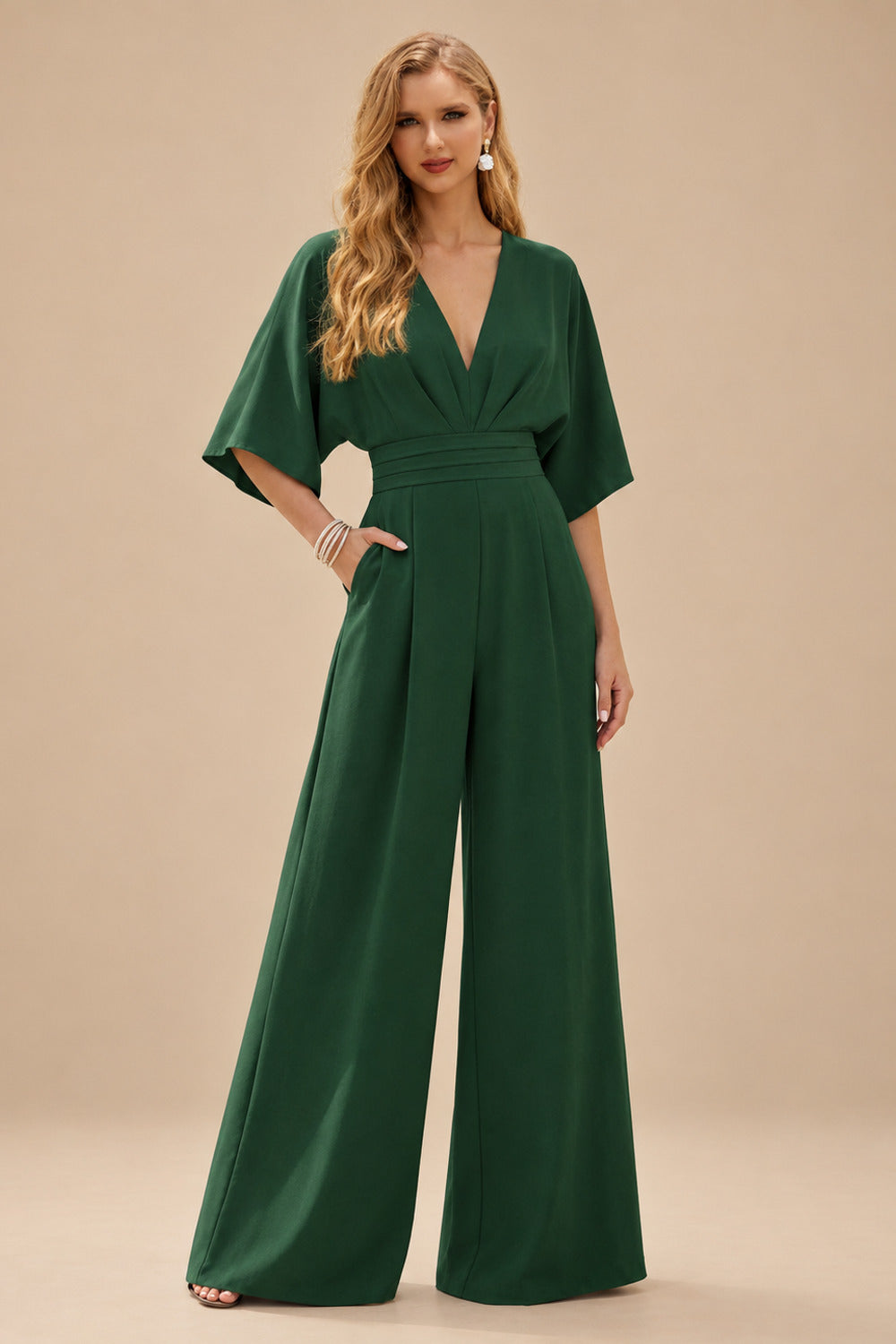 Rutipo Hunter Green Jumpsuit/Pantsuit V-Neck 1/2 Sleeves Elastic Satin Floor-Length Mother Of The Bride Dress