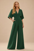 Rutipo Hunter Green Jumpsuit/Pantsuit V-Neck 1/2 Sleeves Elastic Satin Floor-Length Mother Of The Bride Dress