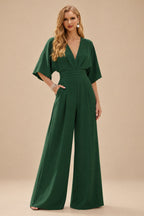 Rutipo Hunter Green Jumpsuit/Pantsuit V-Neck 1/2 Sleeves Elastic Satin Floor-Length Mother Of The Bride Dress