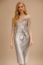 Rutipo As Picture Sheath/Column Illusion Neck Knee-Length Satin Mother Of The Bride Dresses With Lace
