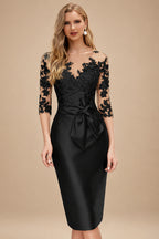Rutipo Black Sheath/Column Illusion Neck Knee-Length Satin Mother Of The Bride Dresses With Lace