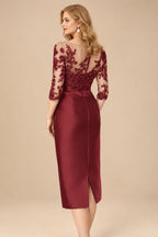 Rutipo Burgundy Sheath/Column Illusion Neck Knee-Length Satin Mother Of The Bride Dresses With Lace