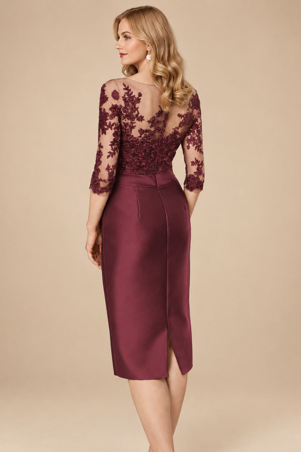 Rutipo Cabernet Sheath/Column Illusion Neck Knee-Length Satin Mother Of The Bride Dresses With Lace