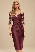 Rutipo Cabernet Sheath/Column Illusion Neck Knee-Length Satin Mother Of The Bride Dresses With Lace