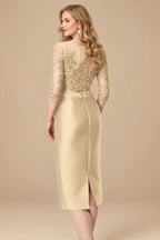Rutipo Champagne Sheath/Column Illusion Neck Knee-Length Satin Mother Of The Bride Dresses With Lace