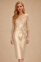 Rutipo Champagne Sheath/Column Illusion Neck Knee-Length Satin Mother Of The Bride Dresses With Lace