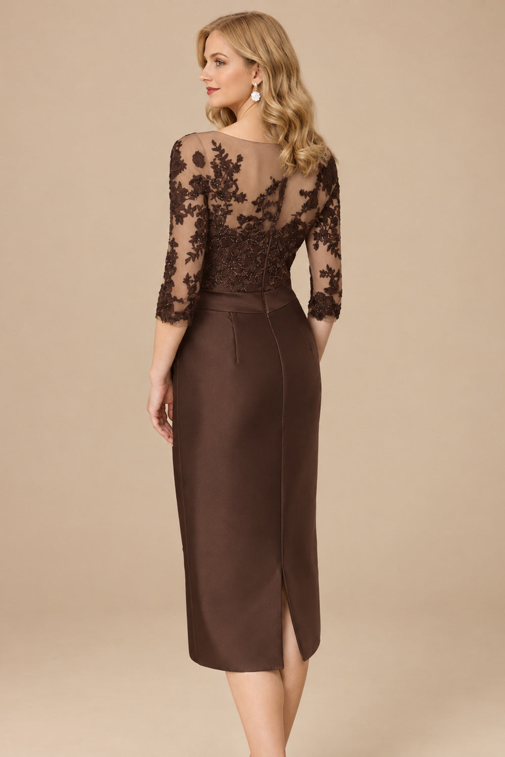 Rutipo Chocolate Sheath/Column Illusion Neck Knee-Length Satin Mother Of The Bride Dresses With Lace