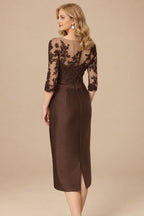 Rutipo Chocolate Sheath/Column Illusion Neck Knee-Length Satin Mother Of The Bride Dresses With Lace